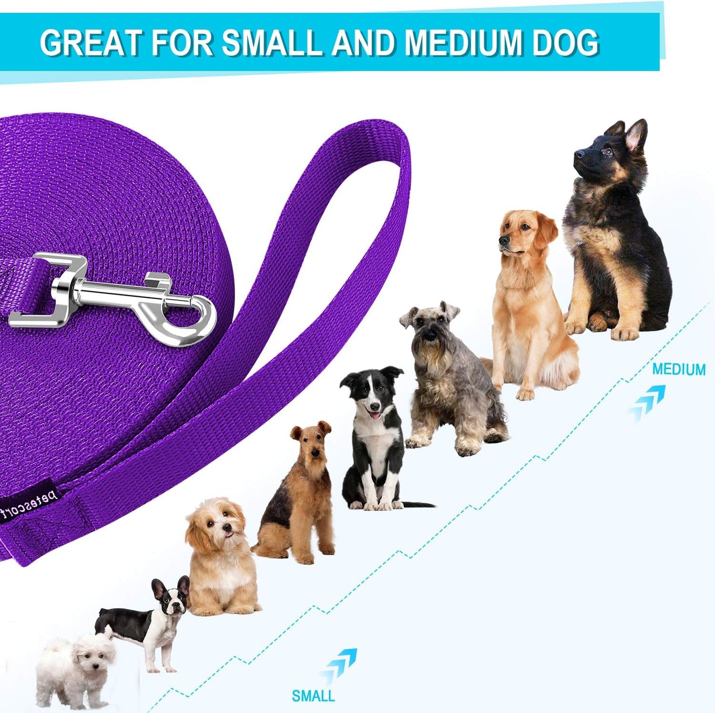Durable 15 Ft Purple Leash for Dog and Cat Training, Play, and Camping - Perfect for Small to Medium Pets