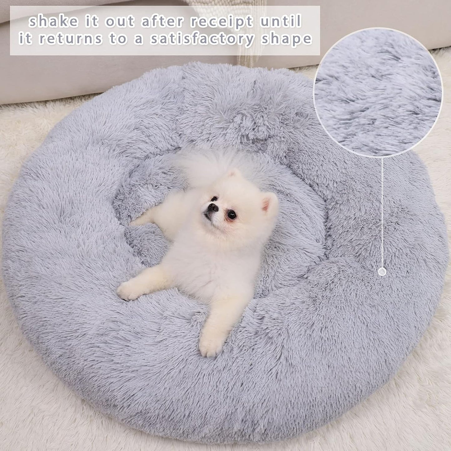 Cozy Calming Dog Bed for Small Pets - Self-Warming Round Design with Fluffy Faux Fur (20" Grey)