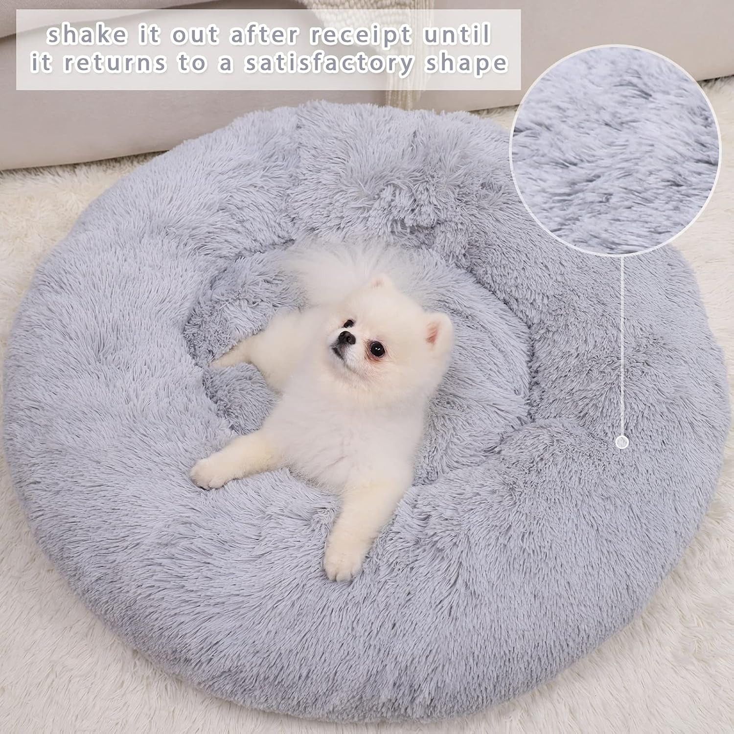 Cozy Calming Dog Bed for Small Pets - Self-Warming Round Design with Fluffy Faux Fur (20" Grey)