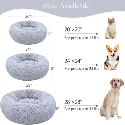 Cozy Calming Dog Bed for Small Pets - Self-Warming Round Design with Fluffy Faux Fur (20" Grey)