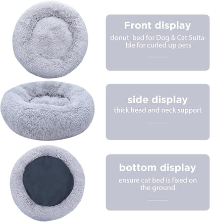Cozy Calming Dog Bed for Small Pets - Self-Warming Round Design with Fluffy Faux Fur (20" Grey)