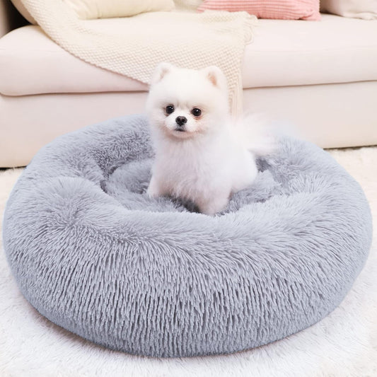 Cozy Calming Dog Bed for Small Pets - Self-Warming Round Design with Fluffy Faux Fur (20" Grey)